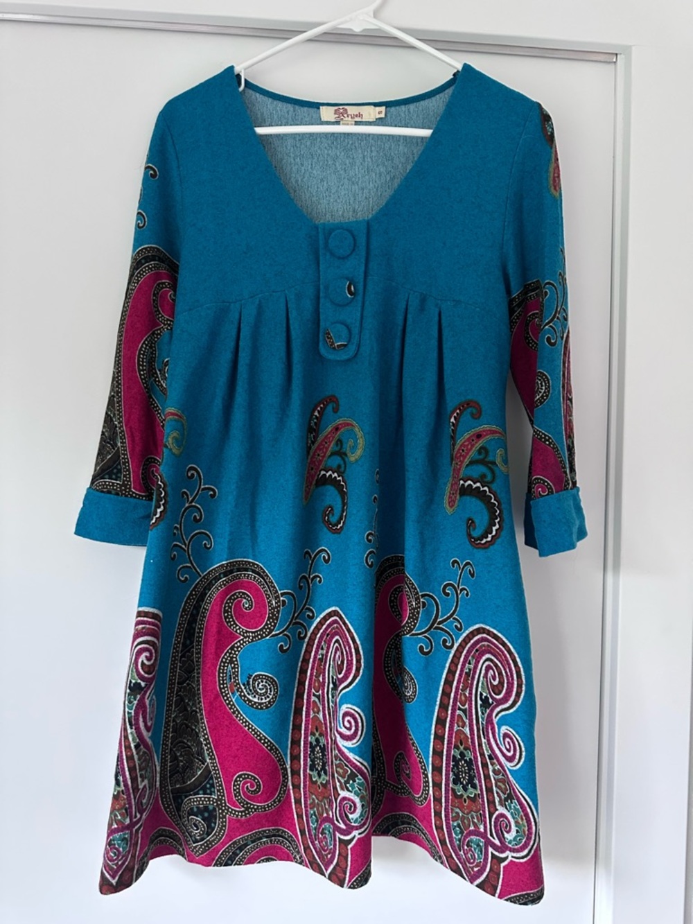 Aryeh Teal and Magenta Paisley Long-Sleeve A-Line Dress